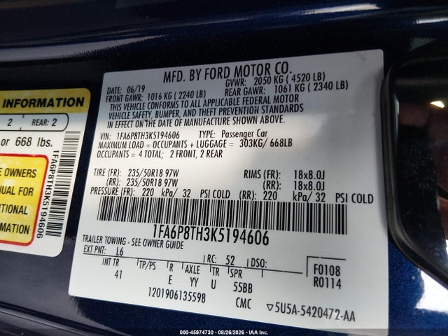 2019 Ford Mustang Ecoboost Premium მანქანა იყიდება აუქციონზე, vin: 1FA6P8TH3K5194606, აუქციონის ნომერი: 45974730