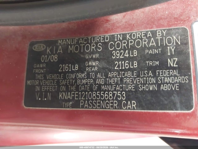 Aukcja sprzedaży 2008 Kia Spectra Ex, vin: KNAFE121085568753, numer aukcji: 45974732