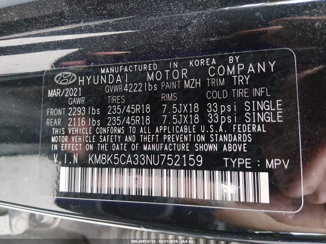 Aukcja sprzedaży 2022 Hyundai Kona Limited, vin: KM8K5CA33NU752159, numer aukcji: 45974733
