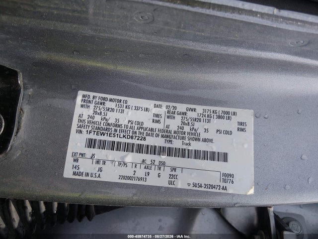 Aukcja sprzedaży 2020 Ford F-150 Xl, vin: 1FTEW1E51LKD87228, numer aukcji: 45974735