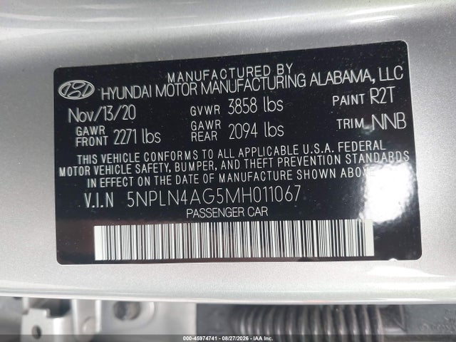 45974741 :رقم المزاد ، 5NPLN4AG5MH011067 vin ، 2021 Hyundai Elantra Sel مزاد بيع