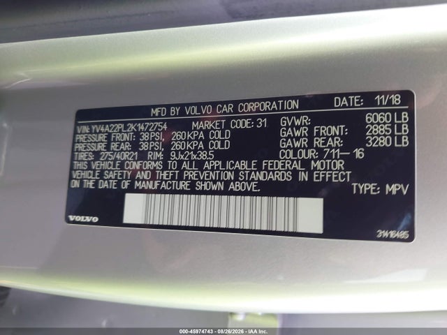 Продажа на аукционе авто 2019 Volvo Xc90 T6 Inscription, vin: YV4A22PL2K1472754, номер лота: 45974743