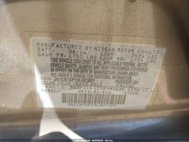 Продаж на аукціоні авто 2017 Nissan Versa 1.6 Sv, vin: 3N1CN7AP1HL807325, номер лоту: 45974745