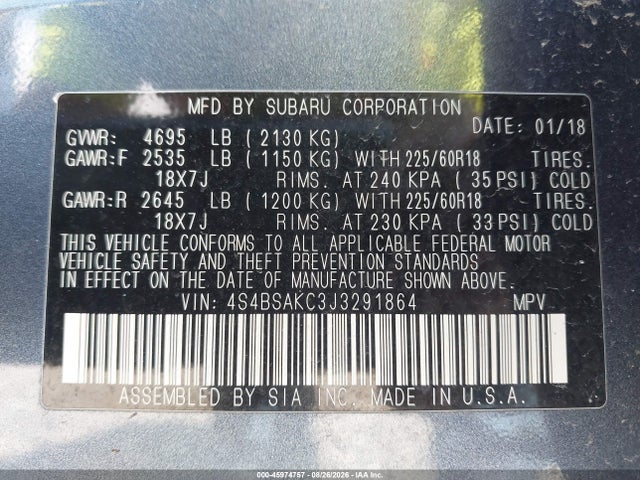 Aukcja sprzedaży 2018 Subaru Outback 2.5i Limited, vin: 4S4BSAKC3J3291864, numer aukcji: 45974757
