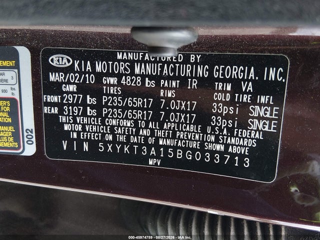 2011 Kia Sorento Lx მანქანა იყიდება აუქციონზე, vin: 5XYKT3A15BG033713, აუქციონის ნომერი: 45974759