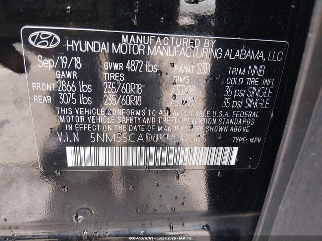 Продаж на аукціоні авто 2019 Hyundai Santa Fe Ultimate, vin: 5NMS5CAD0KH042085, номер лоту: 45974761