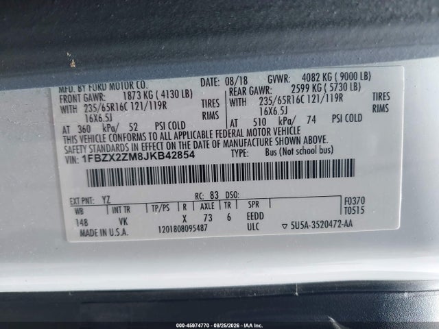 45974770 :رقم المزاد ، 1FBZX2ZM8JKB42854 vin ، 2018 Ford Transit-350 Xl مزاد بيع