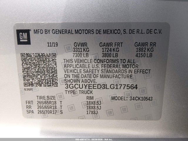 Продаж на аукціоні авто 2020 Chevrolet Silverado 1500 4wd  Short Bed Rst, vin: 3GCUYEED3LG177564, номер лоту: 45974774
