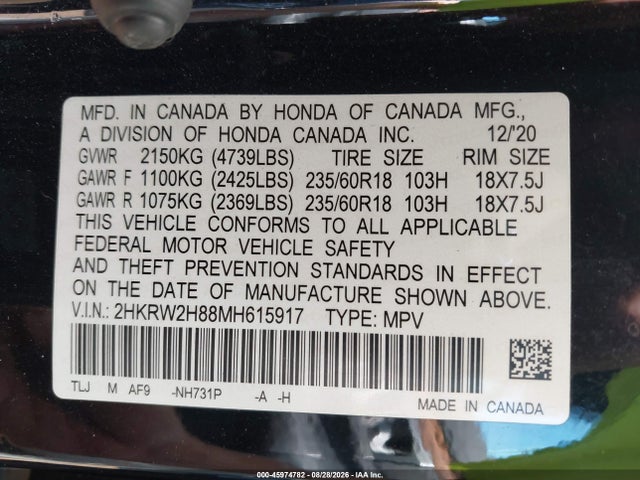45974782 :رقم المزاد ، 2HKRW2H88MH615917 vin ، 2021 Honda Cr-v Awd Ex-l مزاد بيع