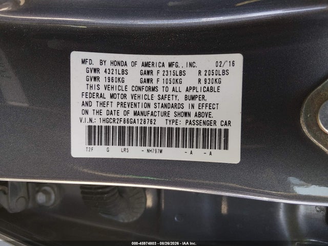 Honda Accord Ex-l 2016 1HGCR2F86GA128762 Image 9