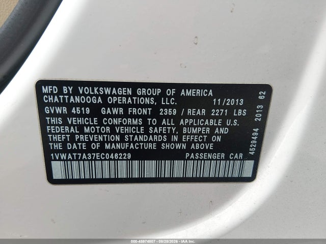Aukcja sprzedaży 2014 Volkswagen Passat 1.8t Wolfsburg Edition, vin: 1VWAT7A37EC046229, numer aukcji: 45974807