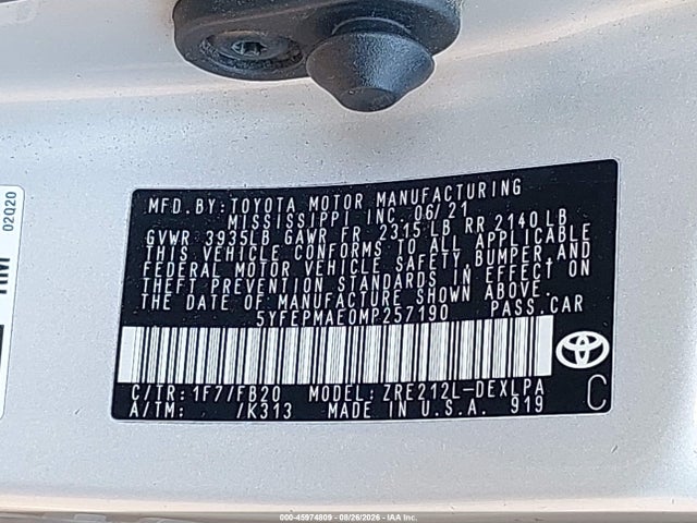Aukcja sprzedaży 2021 Toyota Corolla Le, vin: 5YFEPMAE0MP257190, numer aukcji: 45974809