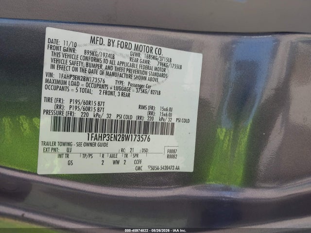 45974822 :رقم المزاد ، 1FAHP3EN2BW173576 vin ، 2011 Ford Focus S مزاد بيع