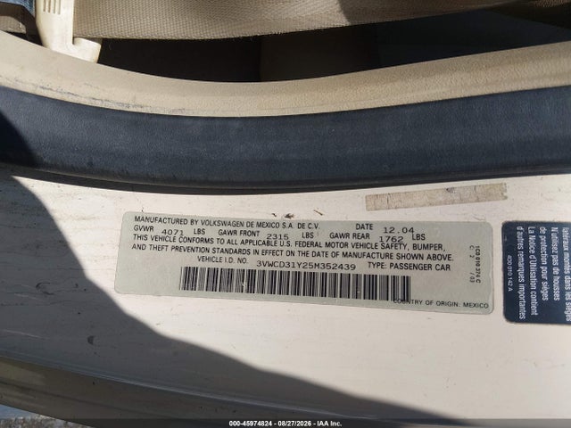 Продаж на аукціоні авто 2005 Volkswagen New Beetle Gls 1.8t, vin: 3VWCD31Y25M352439, номер лоту: 45974824