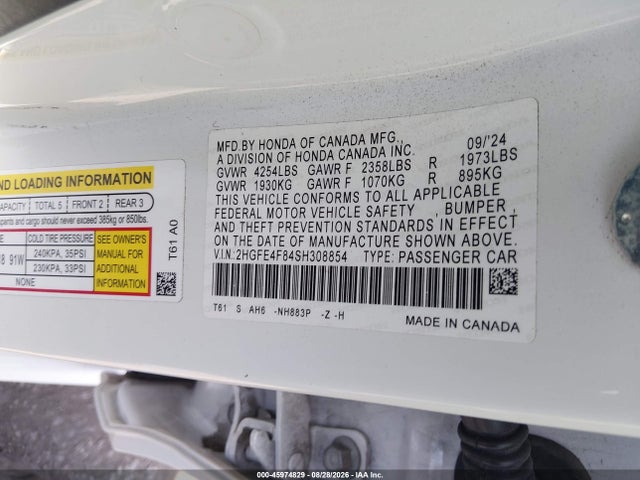 Продаж на аукціоні авто 2025 Honda Civic Hybrid Sport/sport Touring, vin: 2HGFE4F84SH308854, номер лоту: 45974829