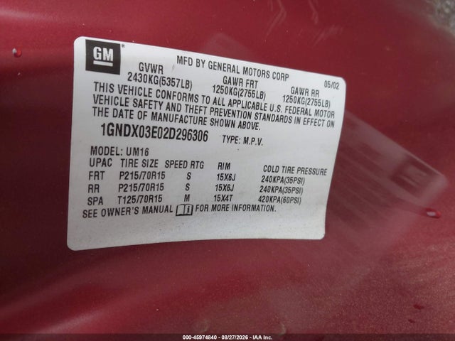 45974840 :رقم المزاد ، 1GNDX03E02D296306 vin ، 2002 Chevrolet Venture Ls مزاد بيع