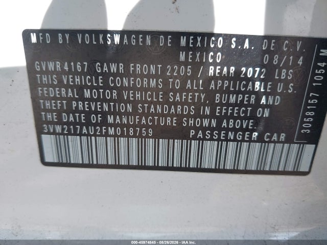 45974845 :رقم المزاد ، 3VW217AU2FM018759 vin ، 2015 Volkswagen Golf Tsi S 4-door مزاد بيع