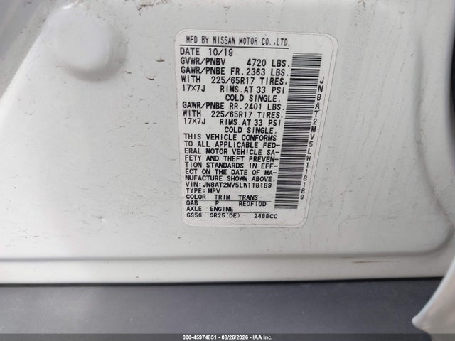 45974851 :رقم المزاد ، JN8AT2MV5LW118189 vin ، 2020 Nissan Rogue Sv Intelligent Awd مزاد بيع