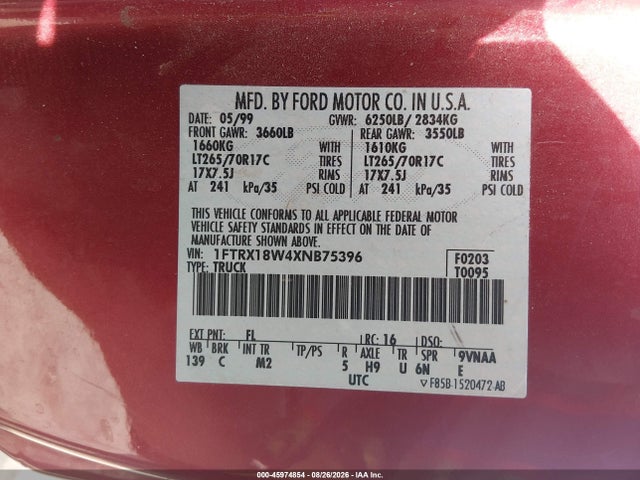 45974854 :رقم المزاد ، 1FTRX18W4XNB75396 vin ، 1999 Ford F-150 Lariat/work Series/xl/xlt مزاد بيع
