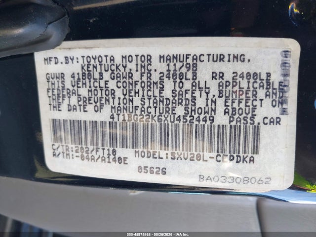 45974868 :رقم المزاد ، 4T1BG22K6XU452449 vin ، 1999 Toyota Camry Ce مزاد بيع