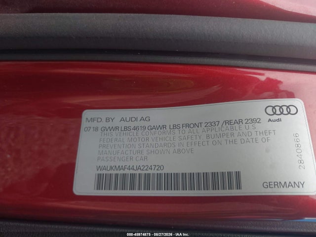 45974875 :رقم المزاد ، WAUKMAF44JA224720 vin ، 2018 Audi A4 2.0t Tech Ultra Premium/2.0t Ultra Premium مزاد بيع
