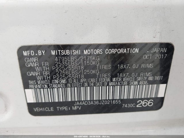 45974886 :رقم المزاد ، JA4AD3A36JZ021655 vin ، 2018 Mitsubishi Outlander Le مزاد بيع