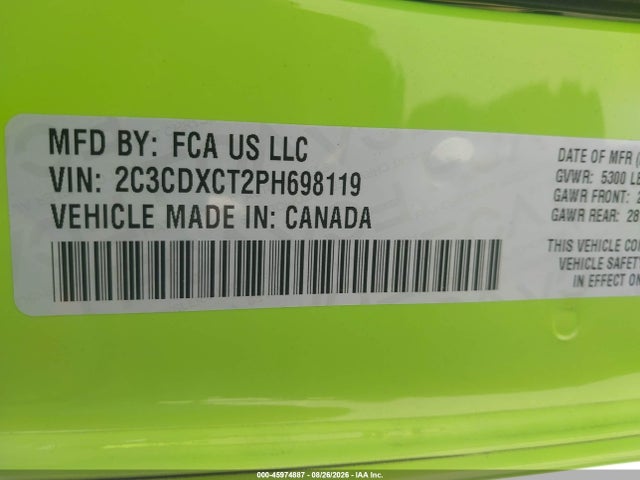 45974887 :رقم المزاد ، 2C3CDXCT2PH698119 vin ، 2023 Dodge Charger R/t مزاد بيع
