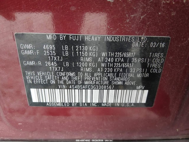 Продаж на аукціоні авто 2016 Subaru Outback 2.5i Premium, vin: 4S4BSAFC3G3308567, номер лоту: 45974892