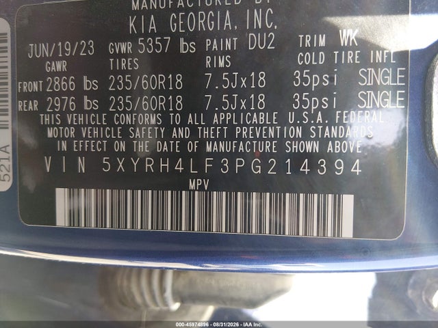 Aukcja sprzedaży 2023 Kia Sorento Ex, vin: 5XYRH4LF3PG214394, numer aukcji: 45974896