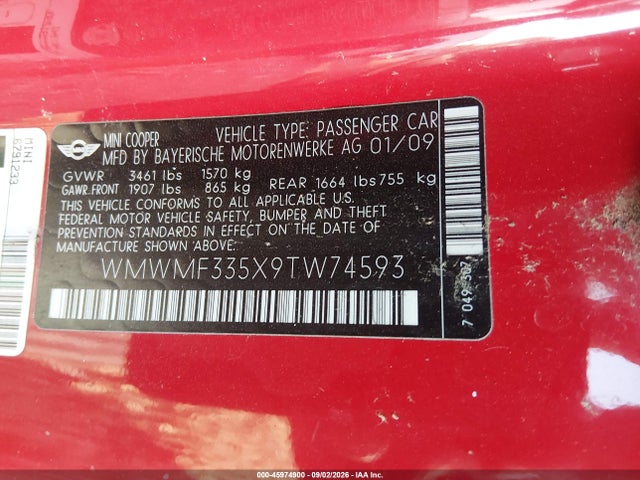 Продажа на аукционе авто 2009 Mini Cooper, vin: WMWMF335X9TW74593, номер лота: 45974900