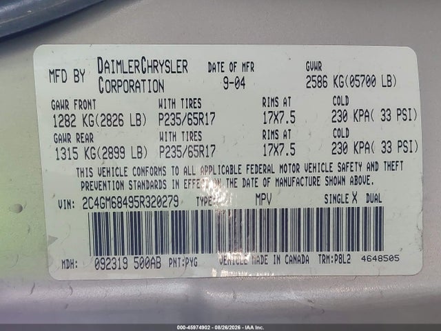 Продажа на аукционе авто 2005 Chrysler Pacifica Touring, vin: 2C4GM68495R320279, номер лота: 45974902