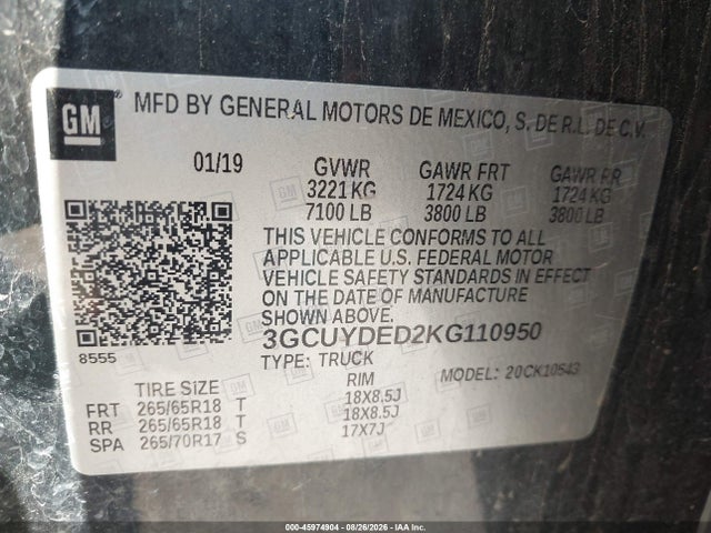 45974904 :رقم المزاد ، 3GCUYDED2KG110950 vin ، 2019 Chevrolet Silverado 1500 Lt مزاد بيع