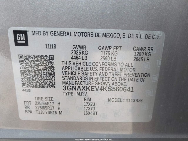 Aukcja sprzedaży 2019 Chevrolet Equinox Lt, vin: 3GNAXKEV4KS560641, numer aukcji: 45974906