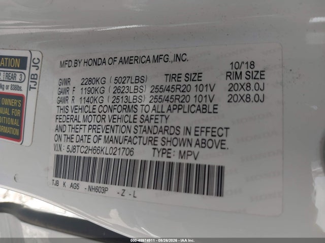Продаж на аукціоні авто 2019 Acura Rdx A-spec Package, vin: 5J8TC2H66KL021706, номер лоту: 45974911