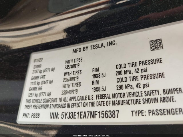 Aukcja sprzedaży 2022 Tesla Model 3 Rear-wheel Drive, vin: 5YJ3E1EA7NF156387, numer aukcji: 45974918