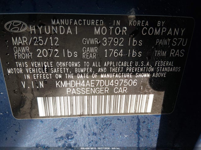 Aukcja sprzedaży 2013 Hyundai Elantra Gls, vin: KMHDH4AE7DU497506, numer aukcji: 45974919