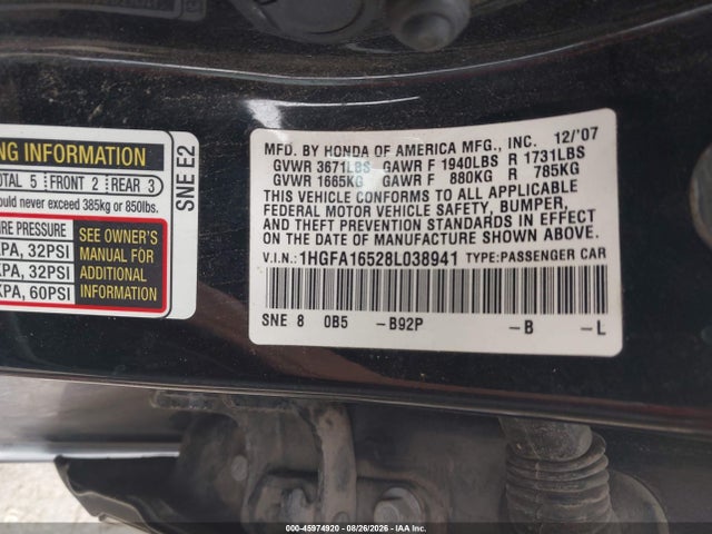 Aukcja sprzedaży 2008 Honda Civic Lx, vin: 1HGFA16528L038941, numer aukcji: 45974920