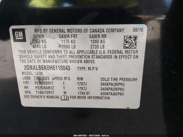 45974921 :رقم المزاد ، 2GNALBEK8H6118843 vin ، 2017 Chevrolet Equinox Ls مزاد بيع