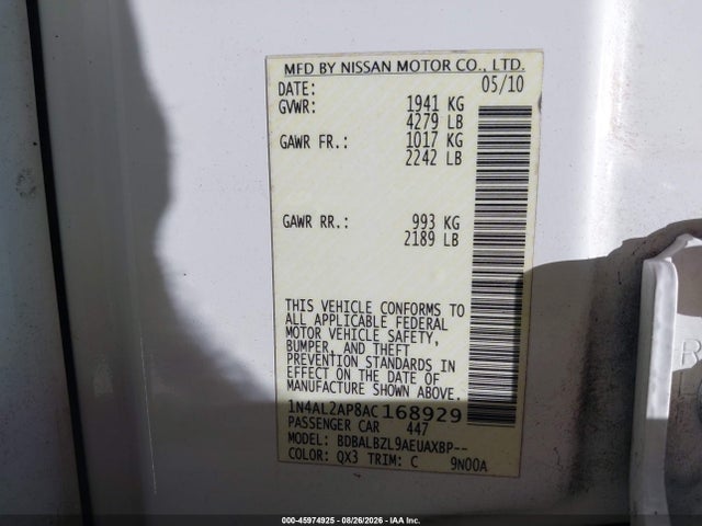 2010 Nissan Altima 2.5 S მანქანა იყიდება აუქციონზე, vin: 1N4AL2AP8AC168929, აუქციონის ნომერი: 45974925