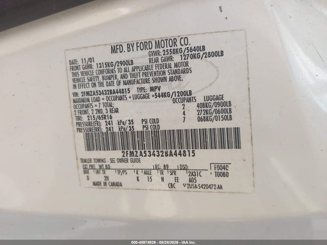Продажа на аукционе авто 2002 Ford Windstar Sel, vin: 2FMZA53432BA44815, номер лота: 45974926