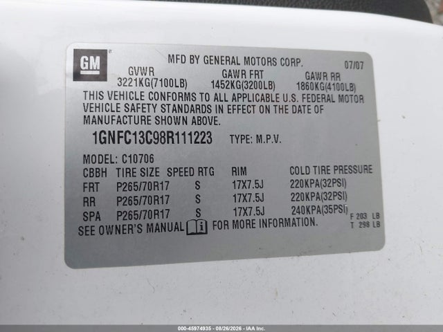 45974935 :رقم المزاد ، 1GNFC13C98R111223 vin ، 2008 Chevrolet Tahoe Ls مزاد بيع