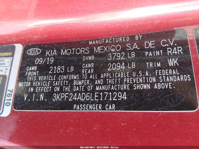 45974941 :رقم المزاد ، 3KPF24AD6LE171294 vin ، 2020 Kia Forte Lxs مزاد بيع