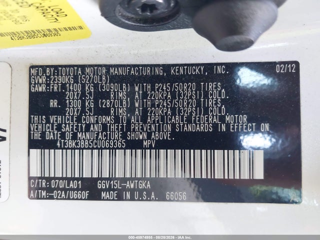 Продаж на аукціоні авто 2012 Toyota Venza Limited V6, vin: 4T3BK3BB5CU069365, номер лоту: 45974955