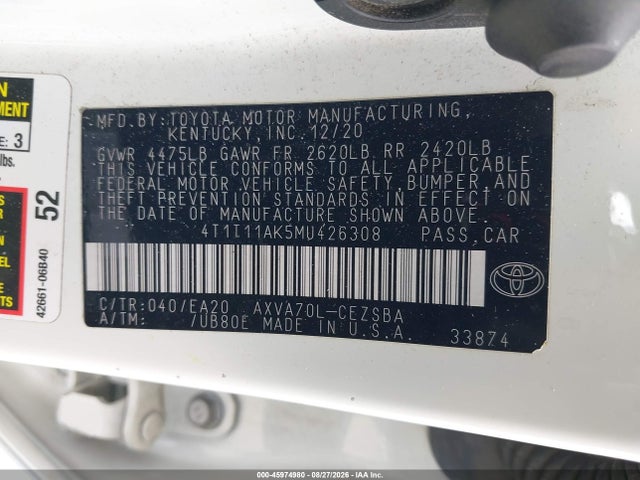 2021 Toyota Camry Se მანქანა იყიდება აუქციონზე, vin: 4T1T11AK5MU426308, აუქციონის ნომერი: 45974980