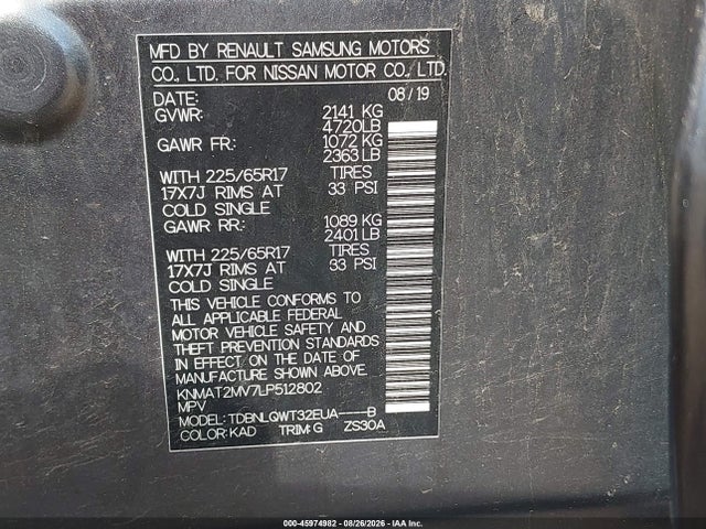 KNMAT2MV7LP512802 Nissan Rogue Sv Intelligent Awd