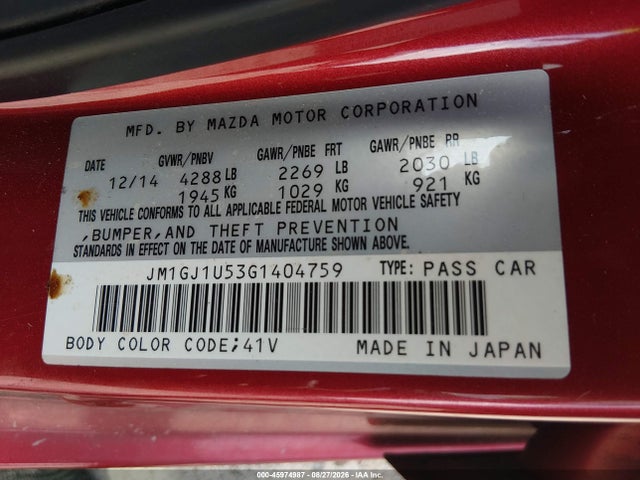 45974987 :رقم المزاد ، JM1GJ1U53G1404759 vin ، 2016 Mazda Mazda6 I Sport مزاد بيع