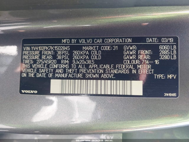45975004 :رقم المزاد ، YV4102PK7K1502845 vin ، 2019 Volvo Xc90 T5 Momentum مزاد بيع