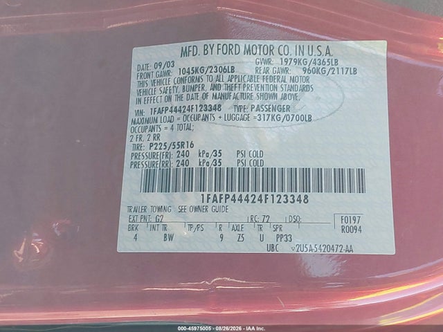 45975005 :رقم المزاد ، 1FAFP44424F123348 vin ، 2004 Ford Mustang مزاد بيع