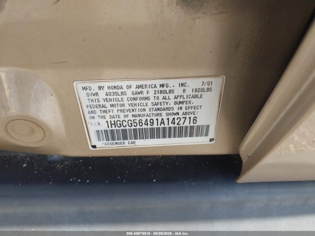 2001 Honda Accord 2.3 Lx მანქანა იყიდება აუქციონზე, vin: 1HGCG56491A142716, აუქციონის ნომერი: 45975010