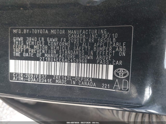 Продажа на аукционе авто 2010 Toyota Corolla S, vin: 2T1BU4EE6AC459968, номер лота: 45975030